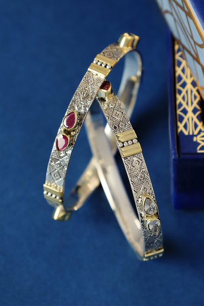 Two Tone Finish Ruby Onyx Temple Bangles In Sterling Silver (Set Of 2)