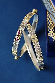 Two Tone Finish Ruby Onyx Temple Bangles In Sterling Silver (Set Of 2)