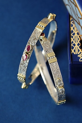 Two Tone Finish Ruby Onyx Temple Bangles In Sterling Silver (Set Of 2)