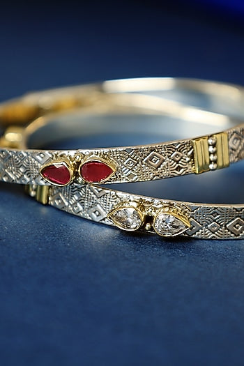 Two Tone Finish Ruby Onyx Temple Bangles In Sterling Silver (Set Of 2)