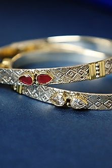 Two Tone Finish Ruby Onyx Temple Bangles In Sterling Silver (Set Of 2)