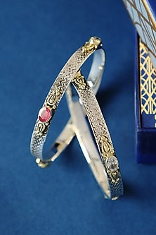 Two Tone Finish Ruby Onyx & CZ Temple Bangles In Sterling Silver (Set Of 2)