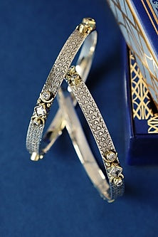 Two Tone Finish CZ Temple Bangles In Sterling Silver (Set Of 2)