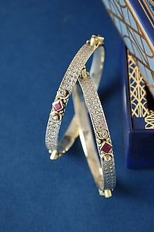 Two Tone Finish Ruby Onyx & CZ Temple Bangles In Sterling Silver (Set Of 2)