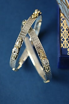 Two Tone Finish CZ Temple Bangles In Sterling Silver (Set Of 2)