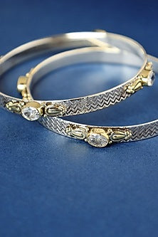Two Tone Finish CZ Temple Bangles In Sterling Silver (Set Of 2)