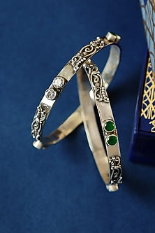 Two Tone Finish CZ & Onyx Temple Bangles In Sterling Silver (Set Of 2)