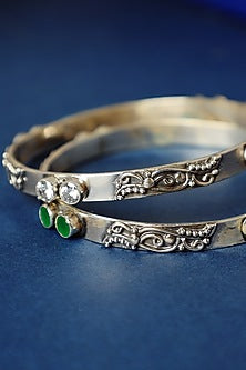Two Tone Finish CZ & Onyx Temple Bangles In Sterling Silver (Set Of 2)