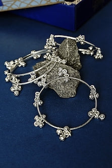 White Finish Ghungroo Temple Bangles In Sterling Silver (Set Of 4)