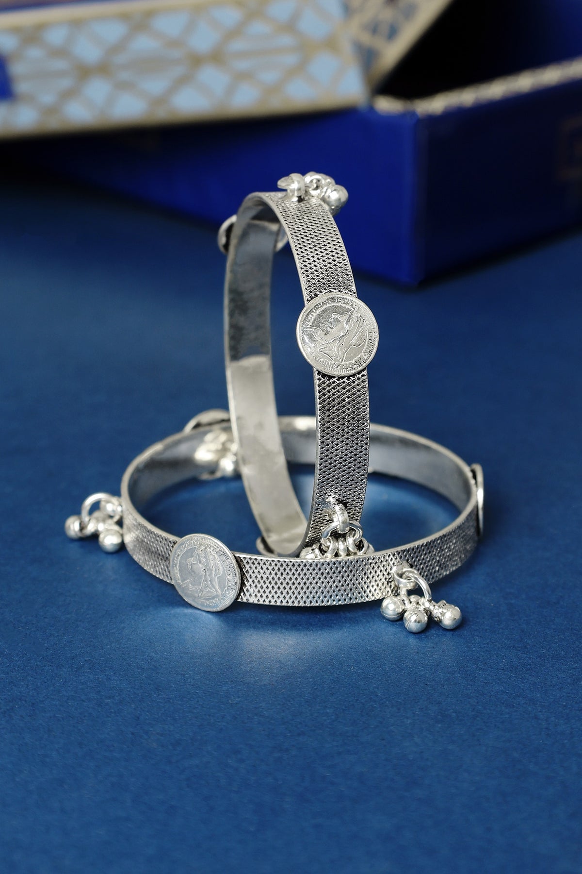 White Finish Ghungroo Temple Bangles In Sterling Silver (Set Of 2)