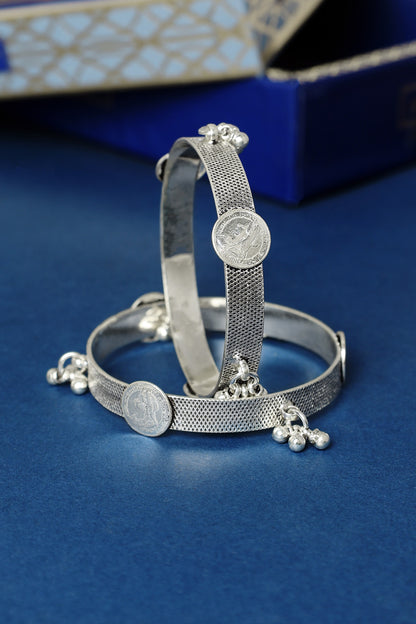 White Finish Ghungroo Temple Bangles In Sterling Silver (Set Of 2)