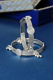 White Finish Ghungroo Temple Bangles In Sterling Silver (Set Of 2)