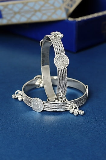 White Finish Ghungroo Temple Bangles In Sterling Silver (Set Of 2)