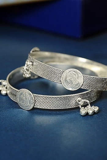 White Finish Ghungroo Temple Bangles In Sterling Silver (Set Of 2)