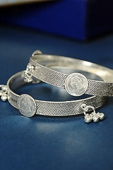 White Finish Ghungroo Temple Bangles In Sterling Silver (Set Of 2)