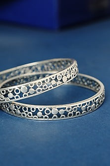 White Finish Temple Polka Bangles In Sterling Silver (Set Of 2)