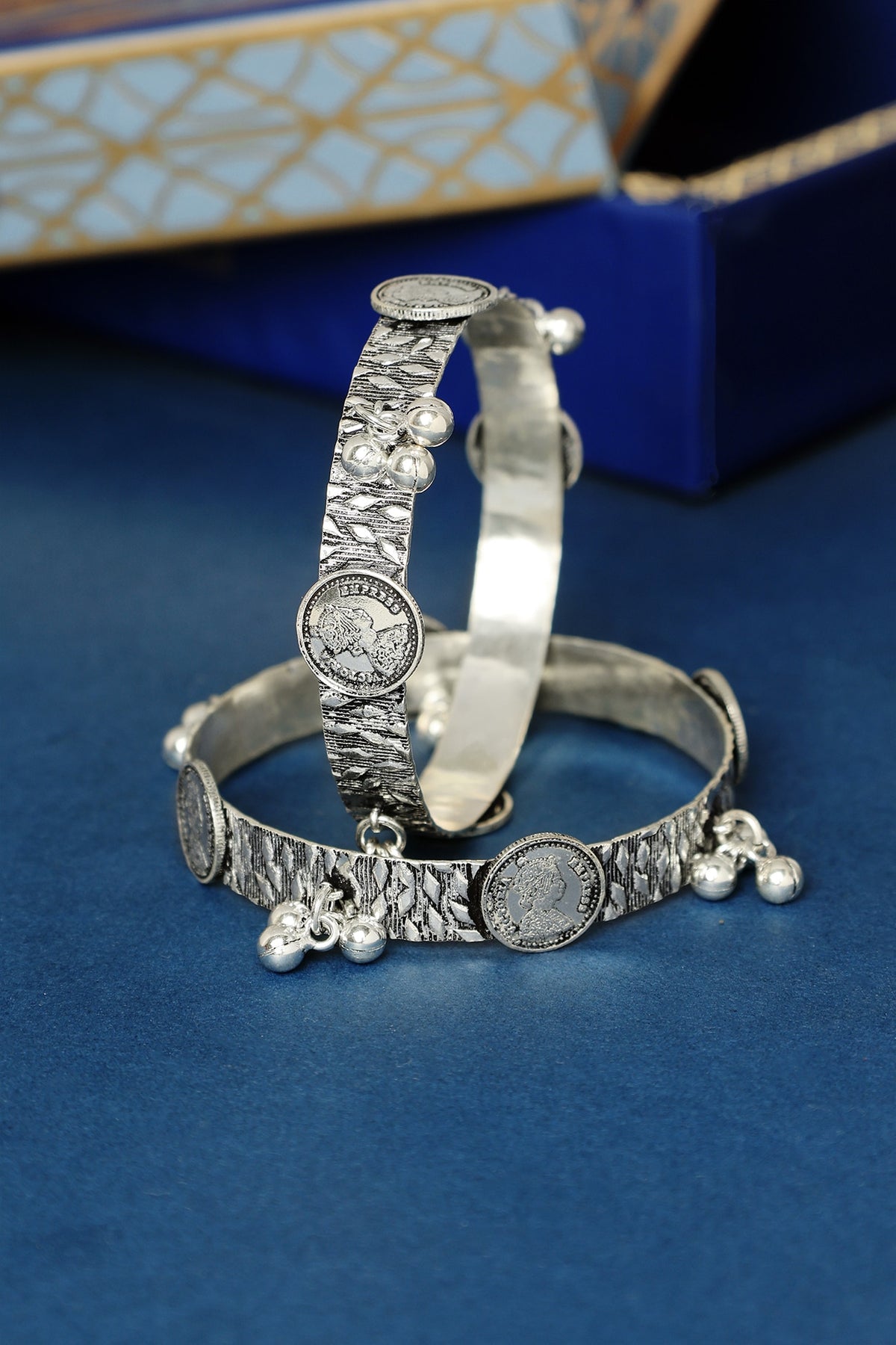White Finish Temple Ghungroo Bangles In Sterling Silver (Set Of 2)