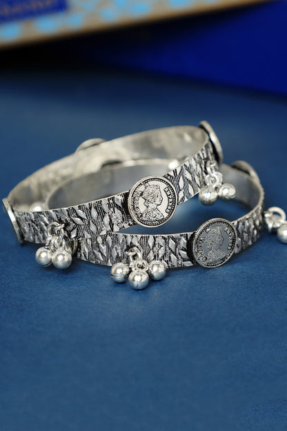 White Finish Temple Ghungroo Bangles In Sterling Silver (Set Of 2)