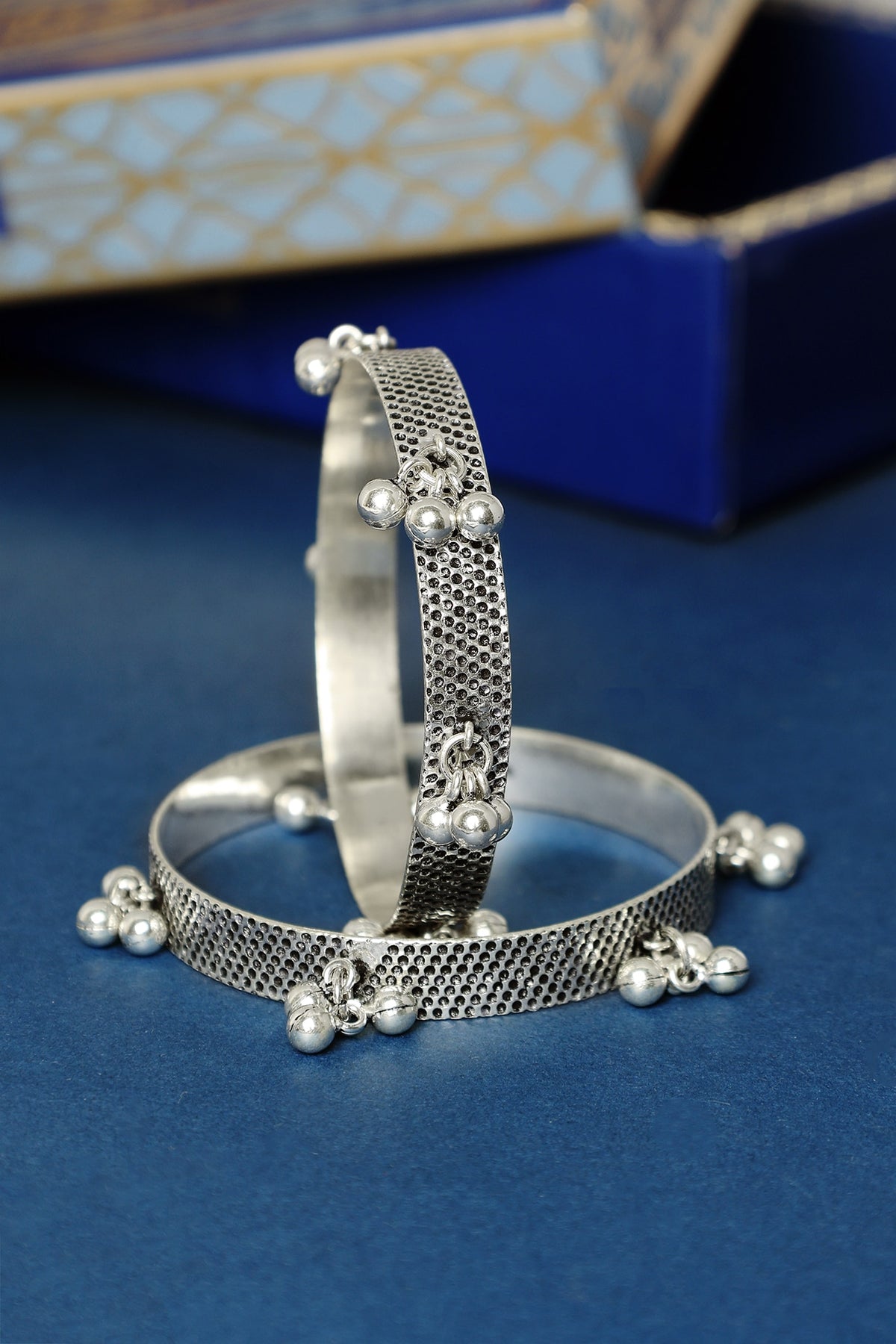 White Finish Temple Ghungroo Bangles In Sterling Silver (Set Of 2)