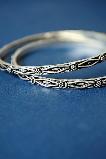 White Finish Temple Spike Bangles In Sterling Silver (Set Of 2)