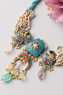 Two-Tone Finish Kundan Polki Temple Choker Necklace In Sterling Silver