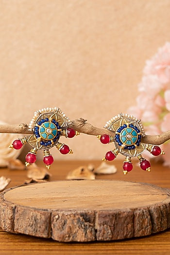 Two-Tone Finish Multi-Colored Stone Stud Earrings In Sterling Silver