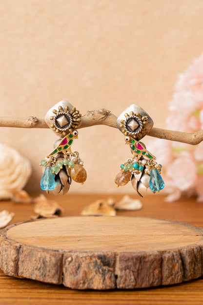 Two-Tone Finish Multi-Colored Stone Dangler Earrings In Sterling Silver