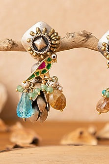 Two-Tone Finish Multi-Colored Stone Dangler Earrings In Sterling Silver
