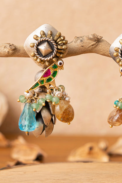 Two-Tone Finish Multi-Colored Stone Dangler Earrings In Sterling Silver