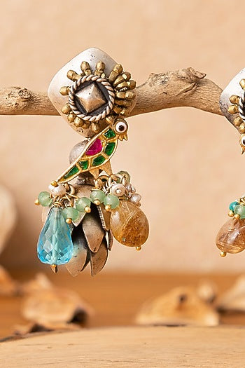 Two-Tone Finish Multi-Colored Stone Dangler Earrings In Sterling Silver