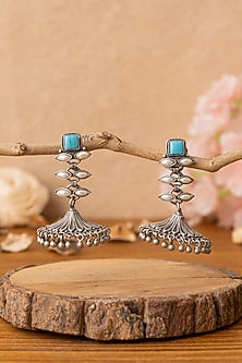 Silver Finish Turquoise Stone Temple Dangler Earrings In Sterling Silver