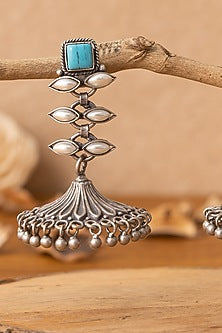 Silver Finish Turquoise Stone Temple Dangler Earrings In Sterling Silver