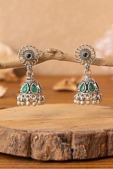 Silver Finish Green Beaded Dangler Earrings In Sterling Silver