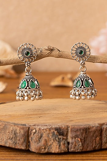 Silver Finish Green Beaded Dangler Earrings In Sterling Silver