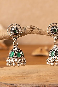 Silver Finish Green Beaded Dangler Earrings In Sterling Silver