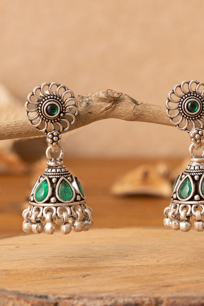 Silver Finish Green Beaded Dangler Earrings In Sterling Silver