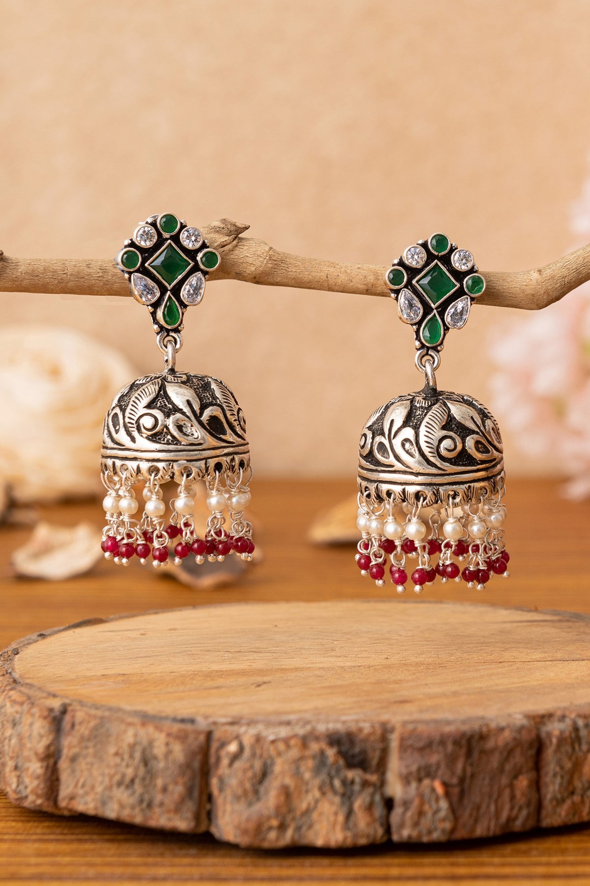 Silver Finish Green Beaded Jhumka Earrings In Sterling Silver