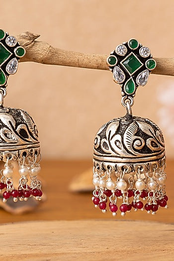 Silver Finish Green Beaded Jhumka Earrings In Sterling Silver