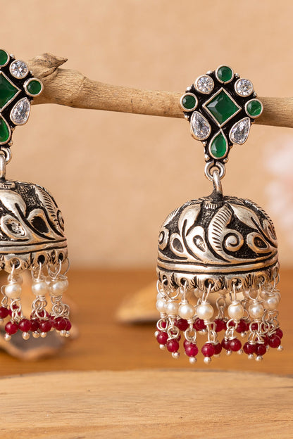 Silver Finish Green Beaded Jhumka Earrings In Sterling Silver