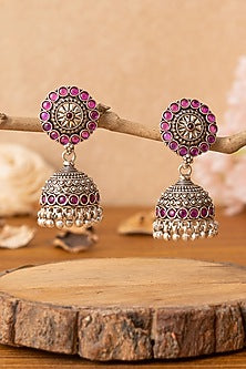 Silver Finish Pink Beaded Jhumka Earrings In Sterling Silver