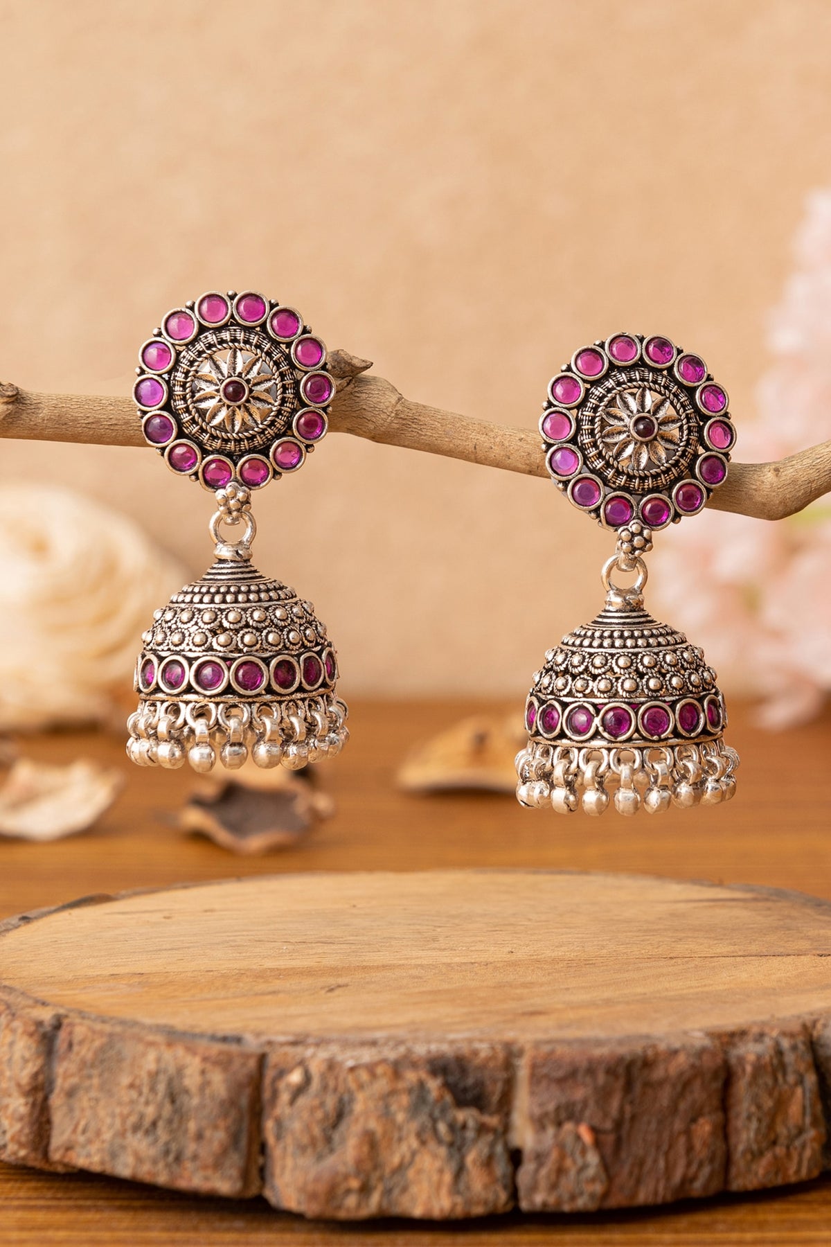 Silver Finish Pink Beaded Jhumka Earrings In Sterling Silver