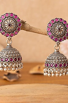 Silver Finish Pink Beaded Jhumka Earrings In Sterling Silver