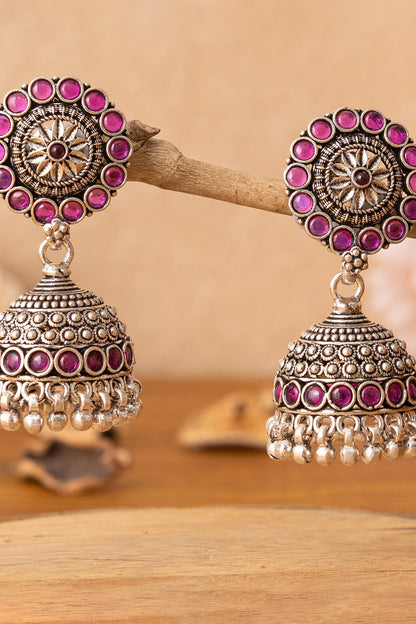 Silver Finish Pink Beaded Jhumka Earrings In Sterling Silver