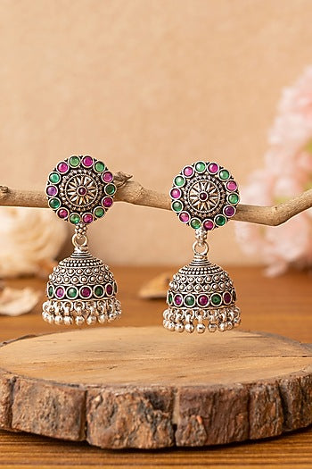 Silver Finish Multi-Colored Beaded Jhumka Earrings In Sterling Silver