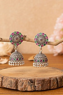 Silver Finish Multi-Colored Beaded Jhumka Earrings In Sterling Silver