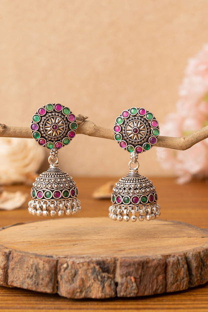 Silver Finish Multi-Colored Beaded Jhumka Earrings In Sterling Silver