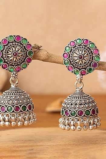 Silver Finish Multi-Colored Beaded Jhumka Earrings In Sterling Silver