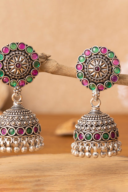Silver Finish Multi-Colored Beaded Jhumka Earrings In Sterling Silver