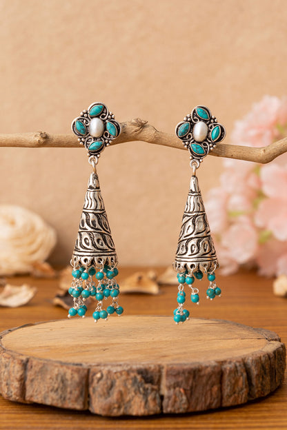 Silver Finish Turquoise Beaded Dangler Earrings In Sterling Silver