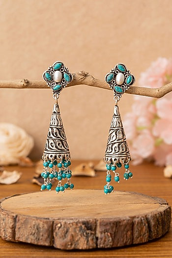 Silver Finish Turquoise Beaded Dangler Earrings In Sterling Silver